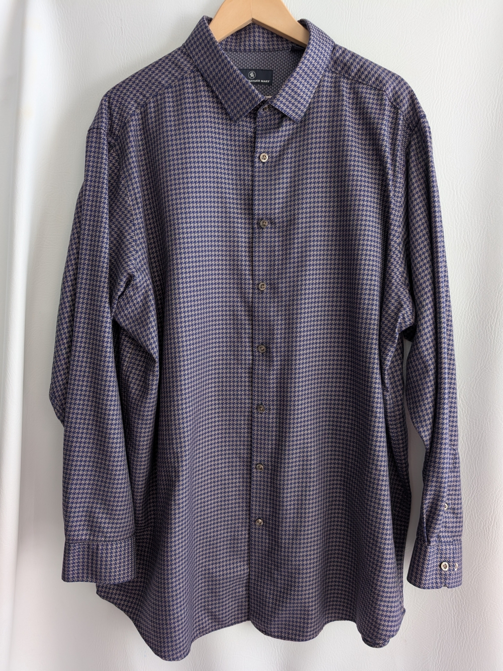 Hart Schaffner Marx Blue and Gray Houndstooth Cotton Button-Up Shirt - 3XT